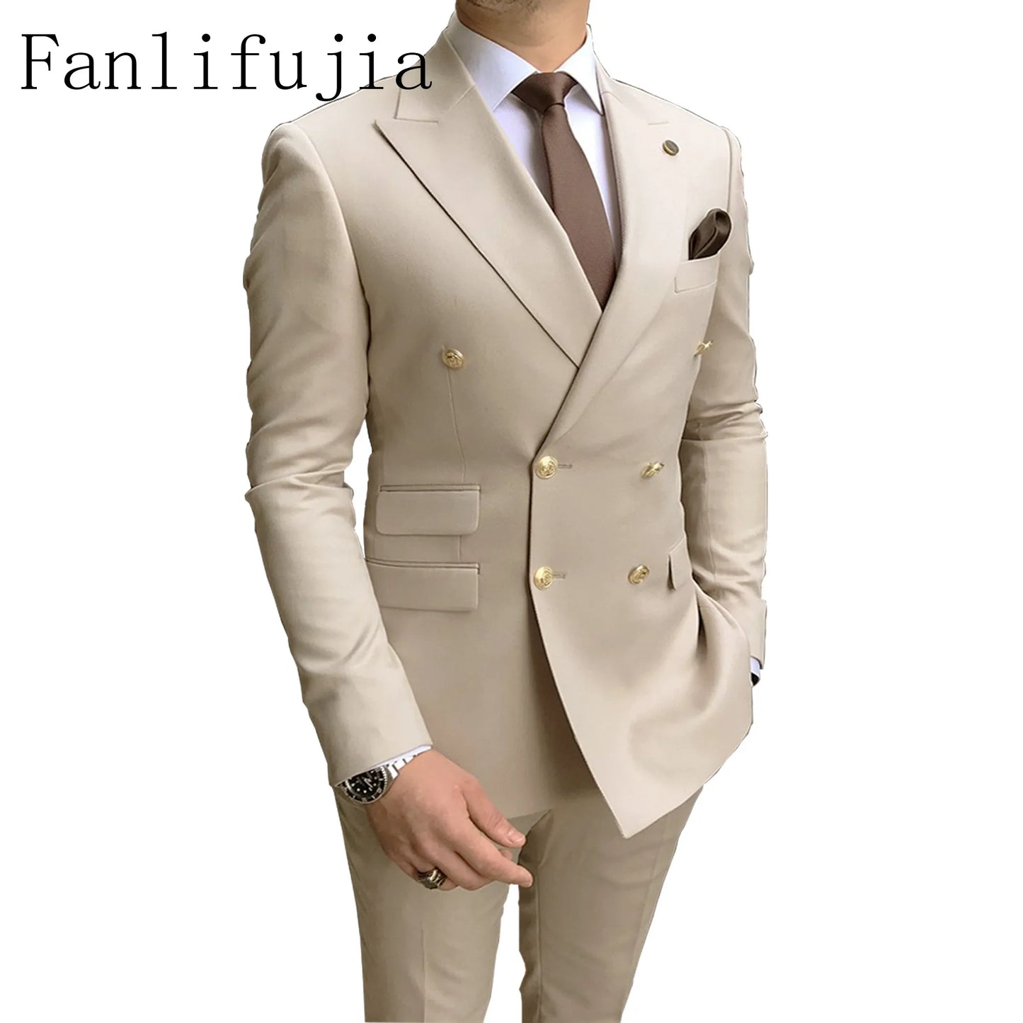 Men's Party Tuxedos 2 Pieces Latest Peak Lapel Men Suits Gold Buttons Fashion Style Suits Double Breasted