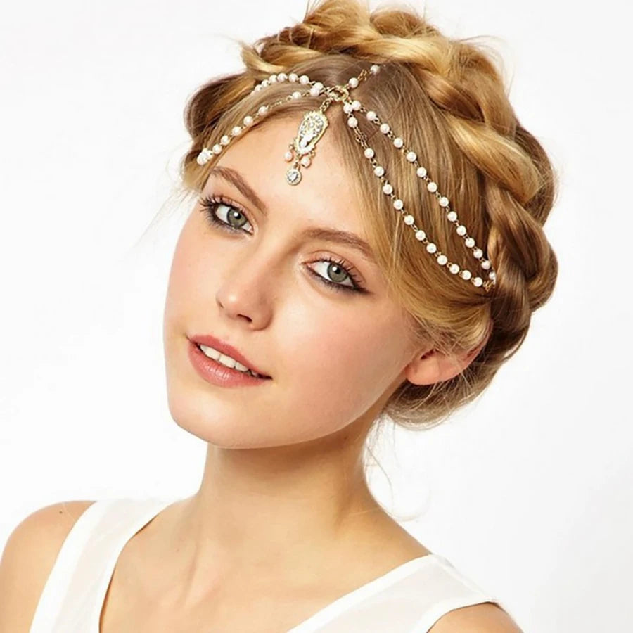 Fashion Bridal Wedding Hair Jewelry Accessories For Women Indian Boho Imitation Pearls Head Chain Head Piece Bijoux Femme