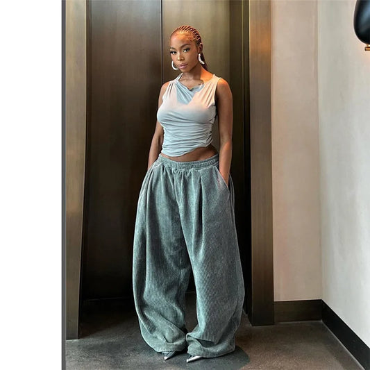 Casual Women's Pants  Wide Leg Corduroy Women's Pants Hip Hop Loose Basic Pockets High Waist Pants