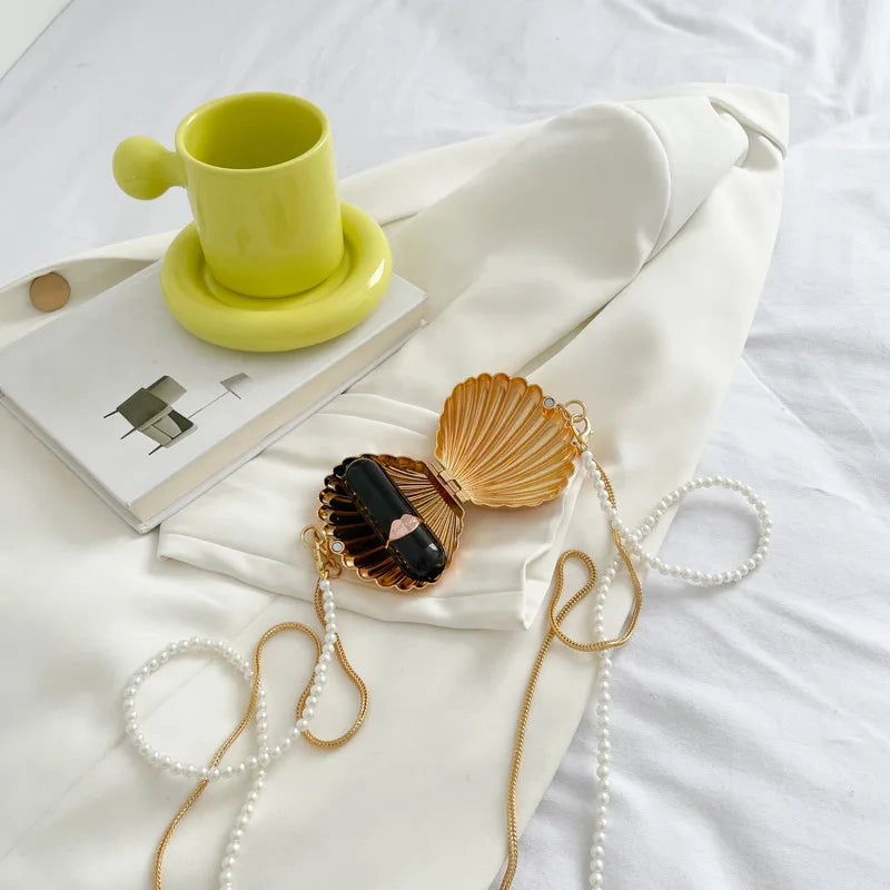 Summer Lipstick Bags for Women Fashion Pearl Mini Purse Crossbody Bag High Quality Gold Shell Bag Designer Shoulder Bag
