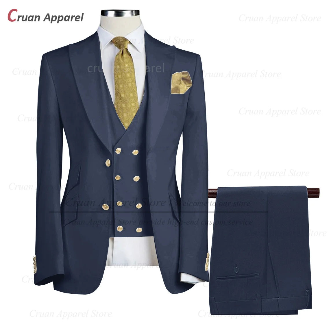 Tailor-made Brand Suits for Men Slim fit Prom Wedding Groom Tuxedo Set Party Gold Buttons Blazer Vest Pants 3 Pieces