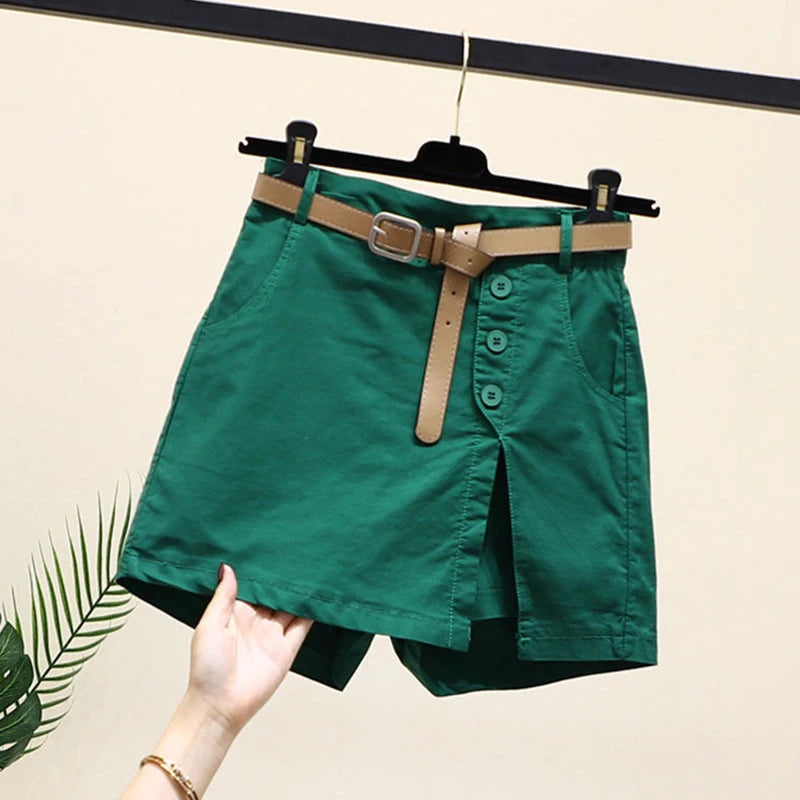 Chic Shorts Women Belt Solid Buttons Side Slit A-line Streetwear Fashion Skirts Chic Summer Loose Pants