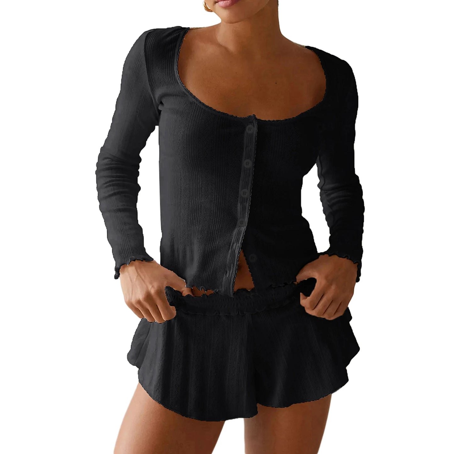 Pajama Set Long Sleeve Button Closure Top with Shorts Sleepwear Loungewear