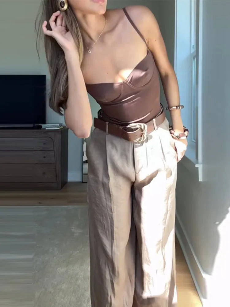 Straight Pants Solid High Waist Belt Pockets Wide Leg Long Trousers Lady Vintage High Street Wears Bodysuit Top or Vest