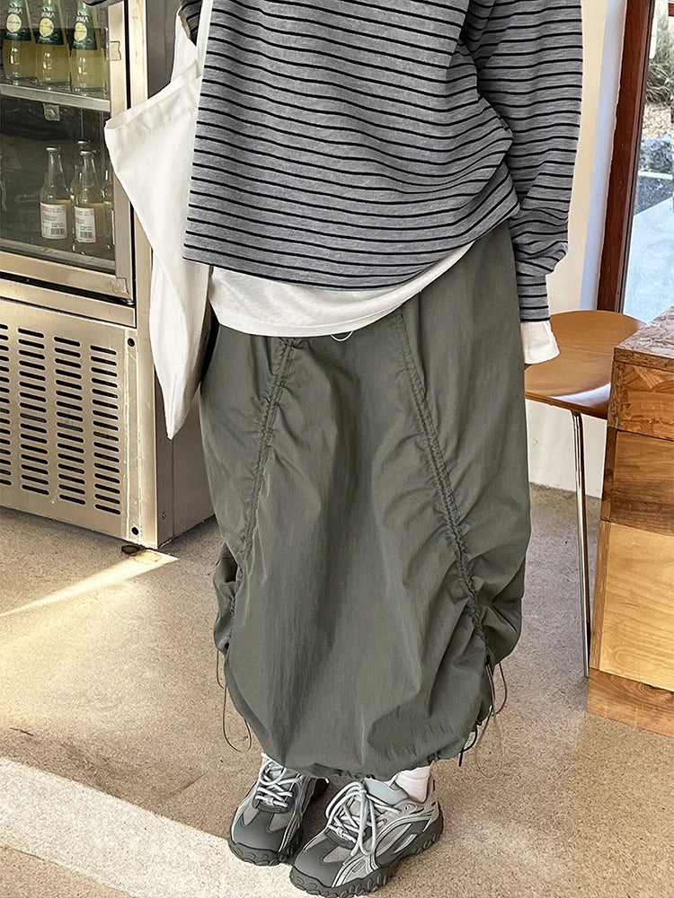 Elastic Waist Drawstring Army Green Color Loose A Line Skirt
