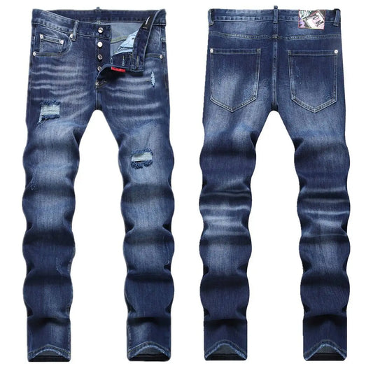 blue minimalist cat whiskers with holes, fashionable women's denim pants
