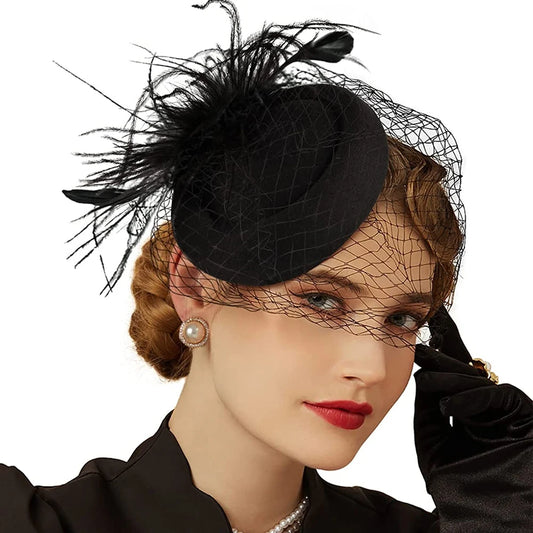 Women's Felt Fascinator Hat Fishnet Veil Small Plush Wave Point Decor Hair Clips  Cocktail Headwear Fascinator