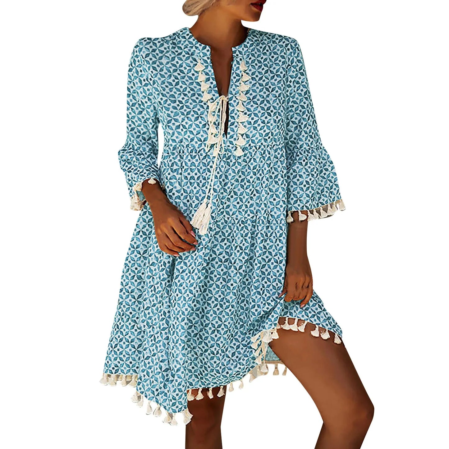 Ladies Lace Trim V Neck Short Sleeve Loose  Dress with Pockets Fashion Women Summer Casual Bohemian Print Dress