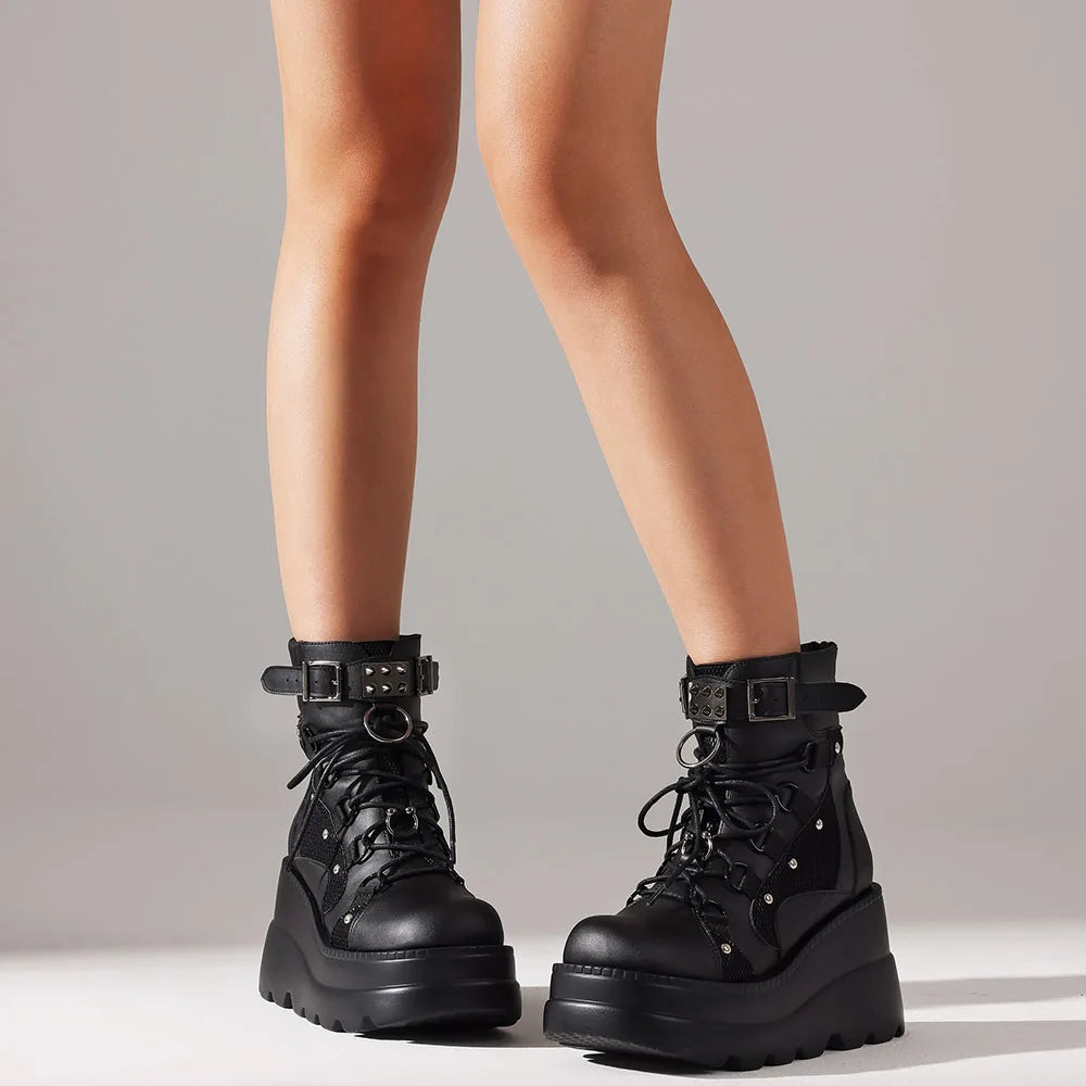 Punk Ankle Boots Platform Back Zipper Buckle Round Toe Lace-up Chunky High Heeled