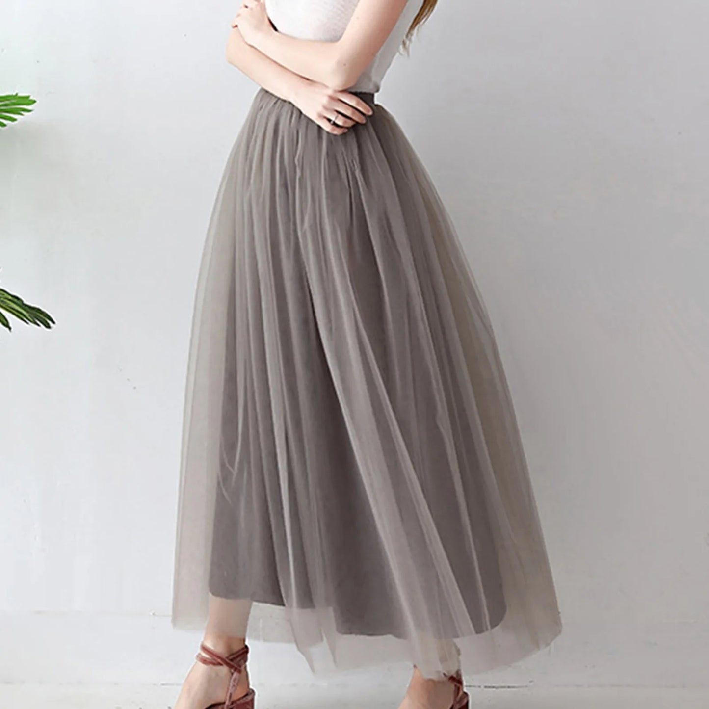 Women's Mesh Maxi Skirt Elastic High Waist Large Swing Long Skirt A Line Belt