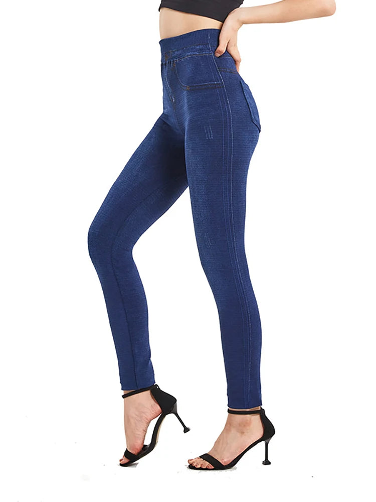Stretchy Solid Color Plus Size Jeggings Fashion False Jeans Women's Tight Seamless Pocket Leggings Soft Pencil Pants
