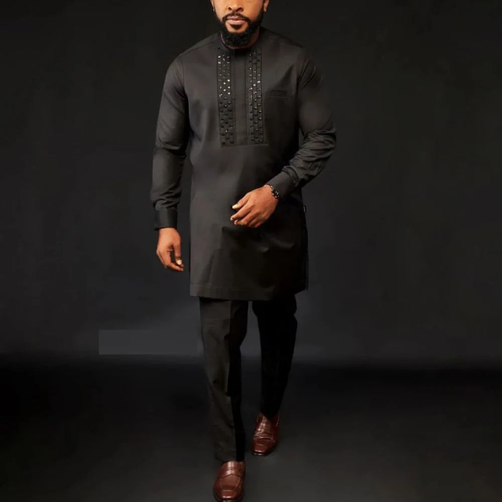 Men's  Wedding 2-Piece Suit Waist Pants Shirt Solid Color Panel Long Sleeve Party African Ethnic Style Clothing