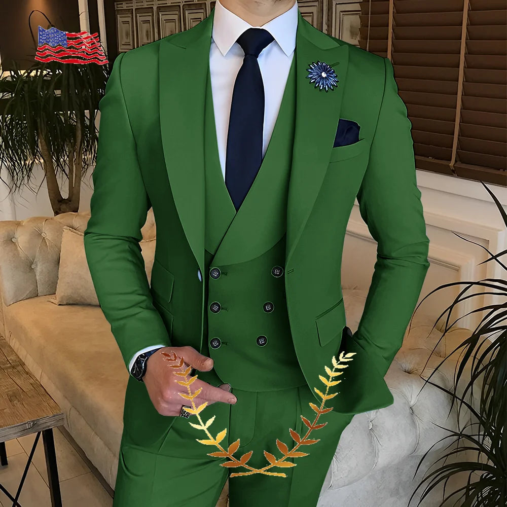 Men's Suit Jacket Pants Vest 3-piece Set Slim Fit Handsome Men Blazer for Party