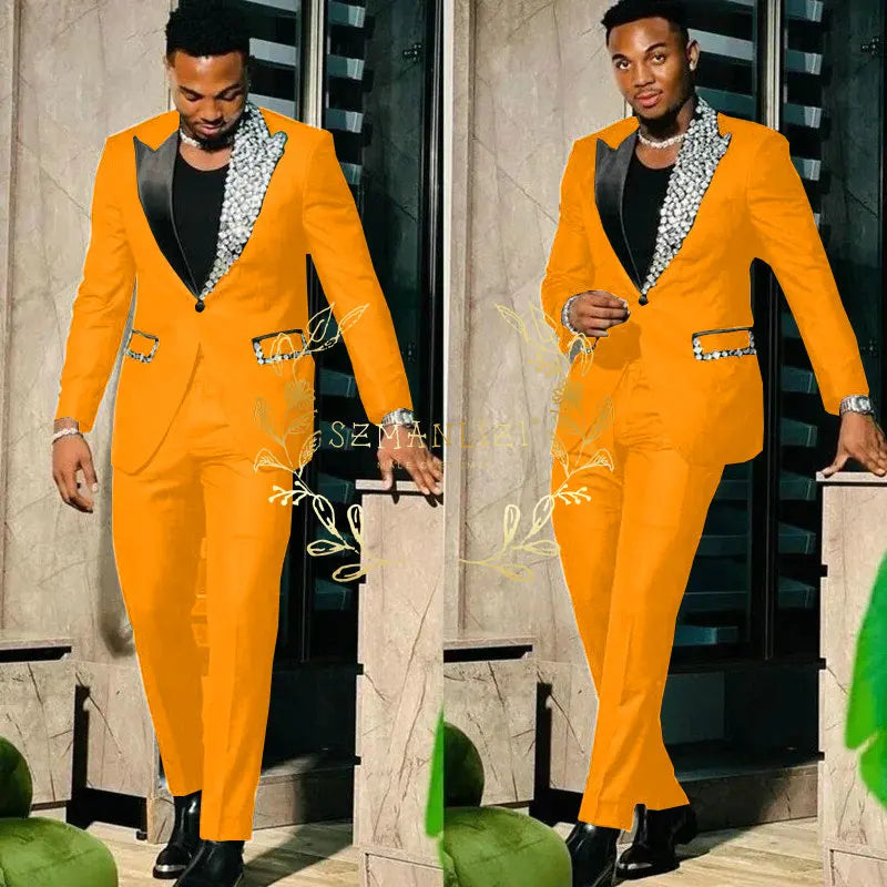 Suits for Men Slim Fit Single Breasted Peak Lapel Blazer High Quality Crystal Prom Party 2 Piece Jacket Pants Sets Terno