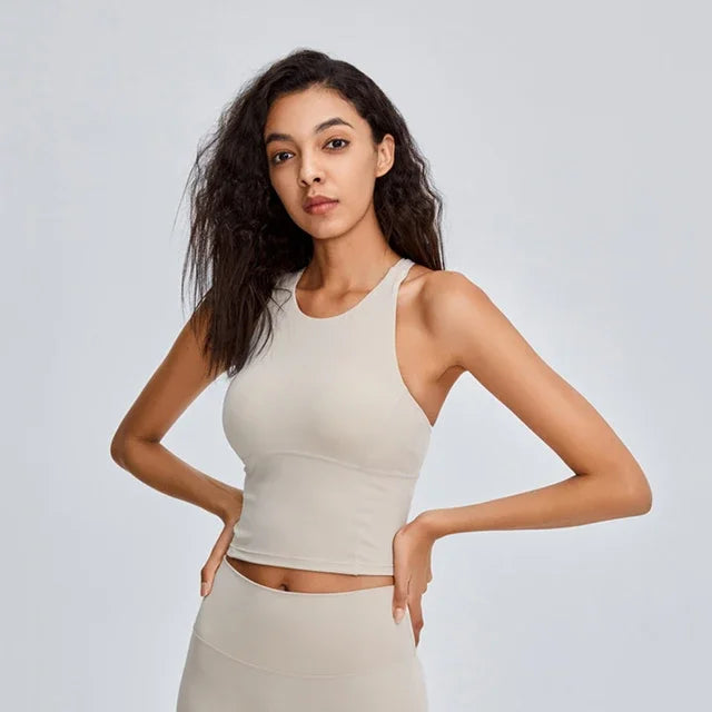 Comfy Cross Back Wide Strap Push-up Sports Bra Shock Proof Running Fitness Crop Top Crew Neck Padded Workout Yoga