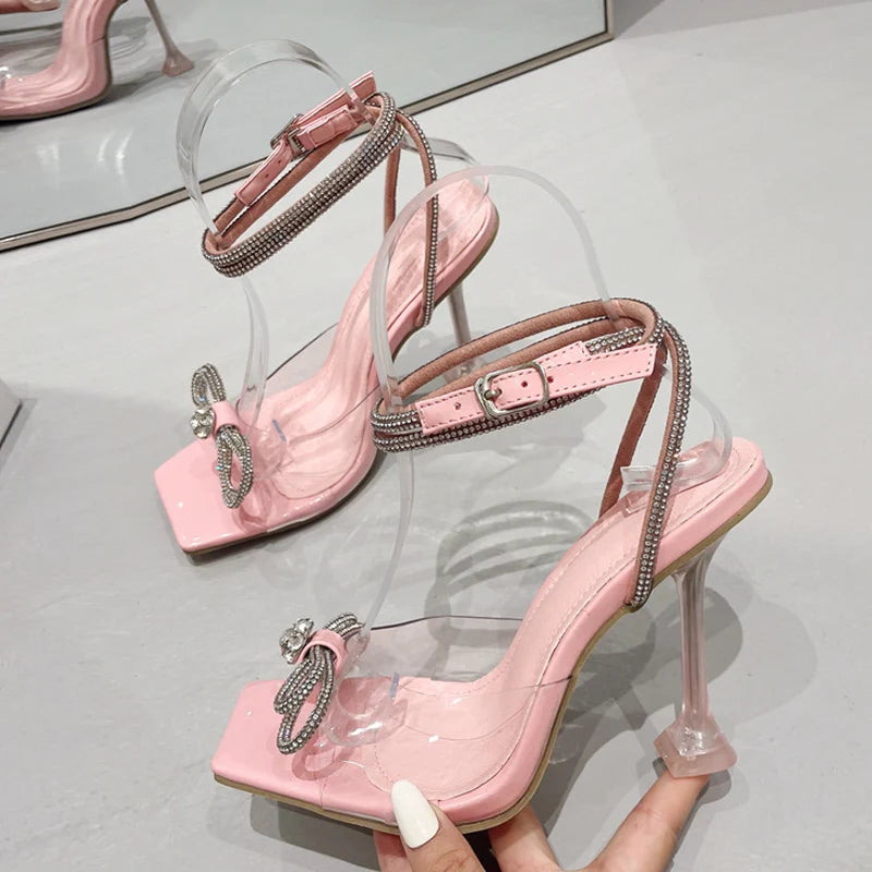 Sandals for Women Fashion Crystal Diamond Bow High Heel Transparent Shoes for Women High Heels
