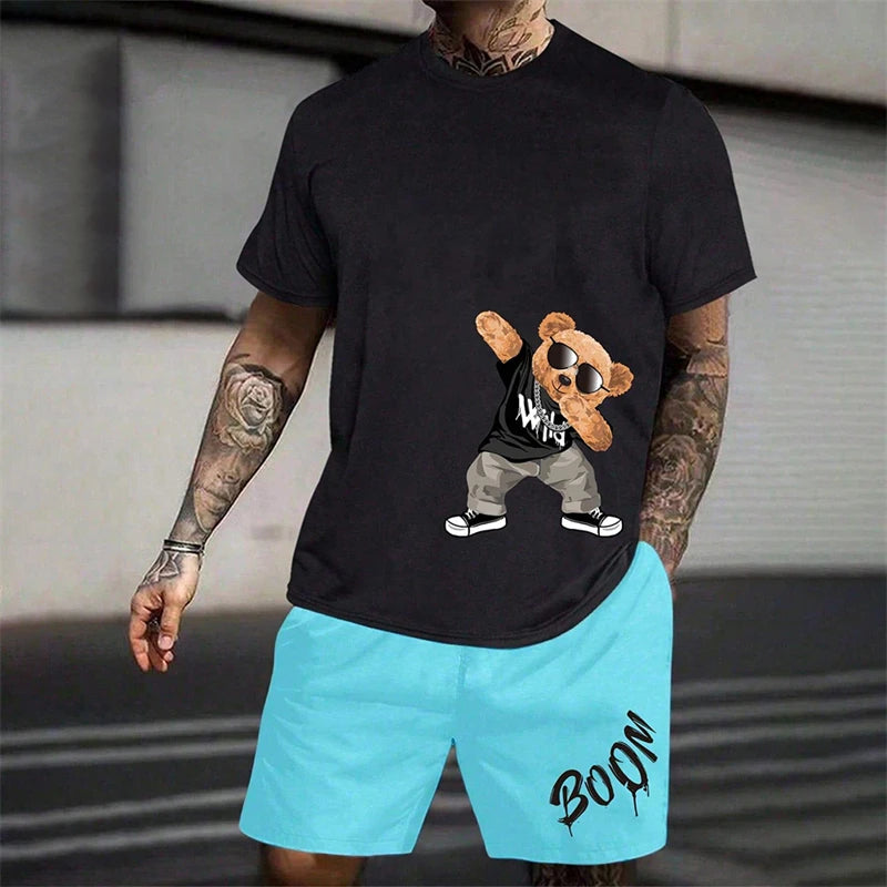 Fun Bear T-Shirt Men's Summer Loose Daily Couple Suit Outdoor Street Short Sleeve Shorts Two Piece Men Summer Suit