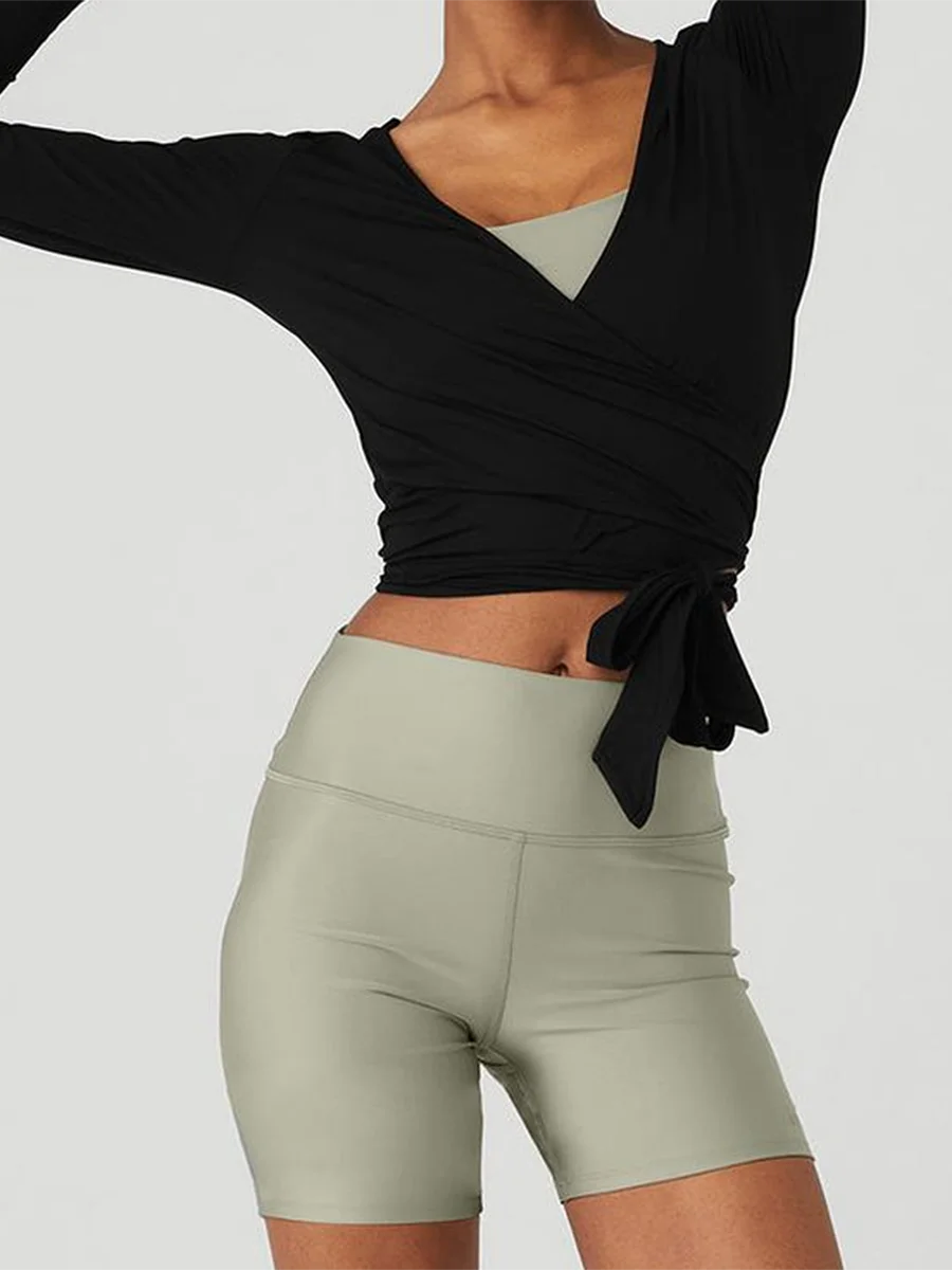 Elegant Women s Deep V Neck Cross Wrap Tie Top with Long Sleeves Solid Color