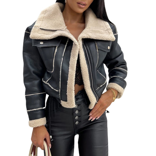 Winter Jacket, Long Sleeve Zipper Closure Patchwork Warm Outwear with Pockets
