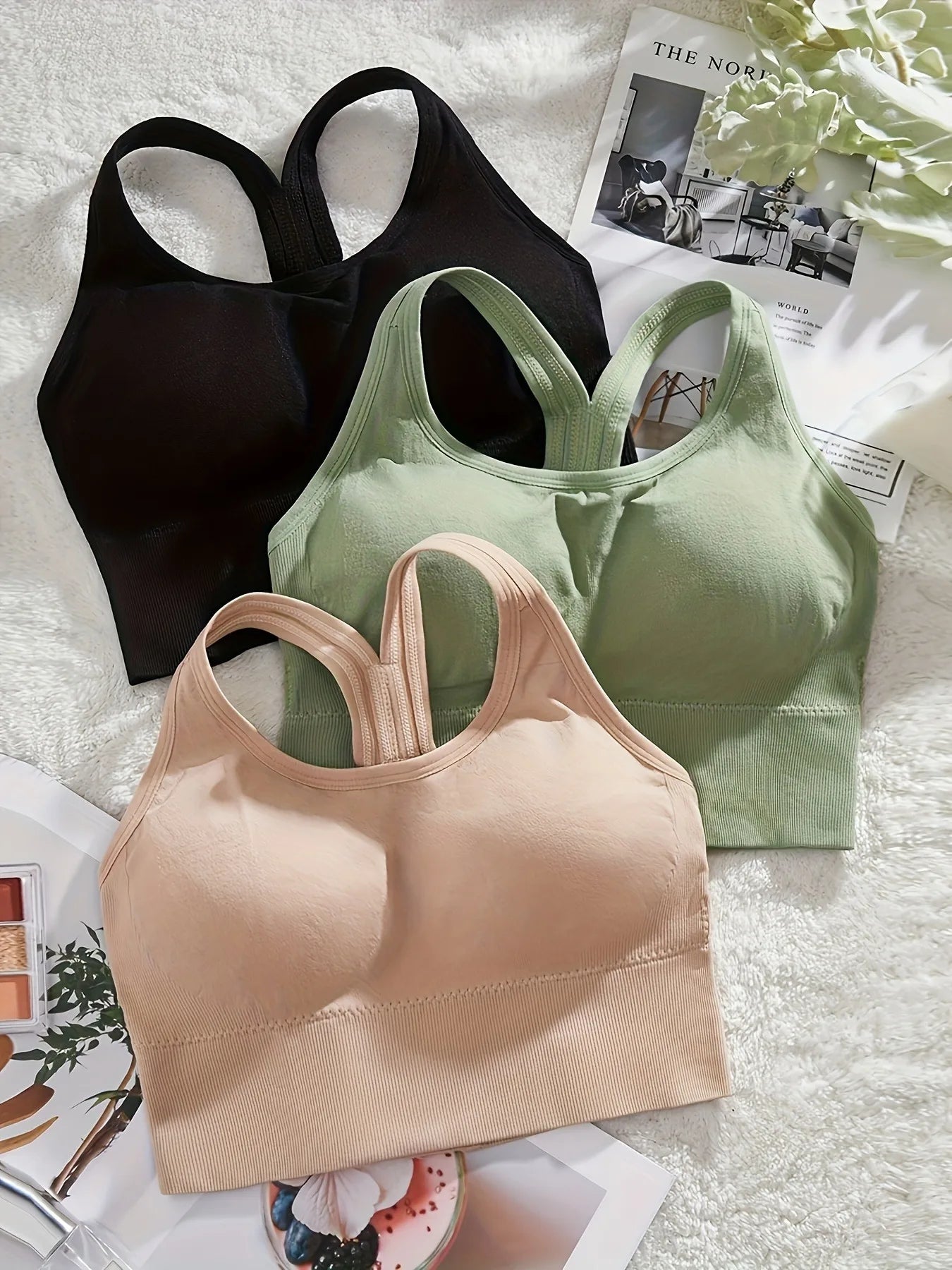 3pcs Simple Solid Seamless Bra, Comfy & Breathable Hollow Out Bra, Women's Lingerie
