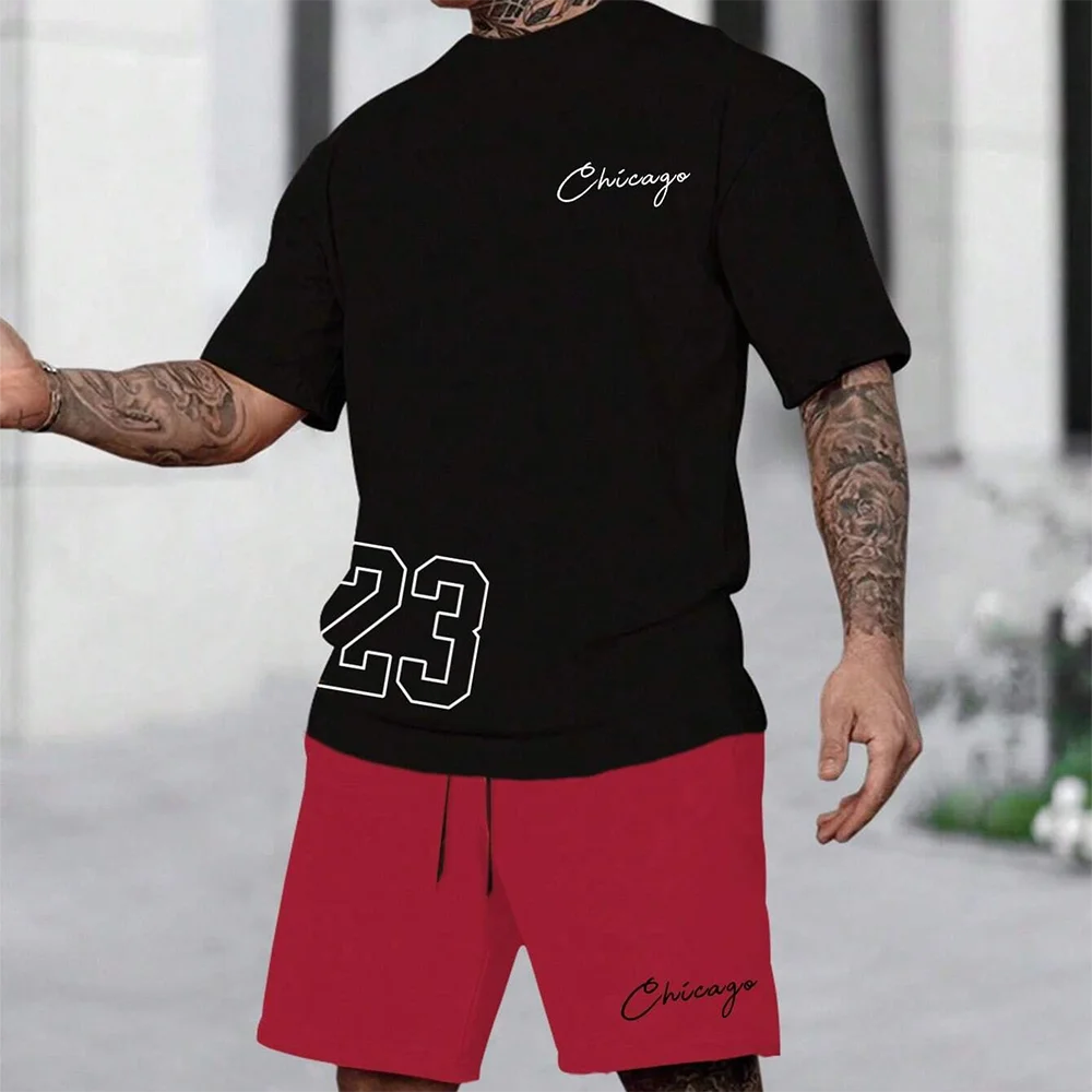 summer men's T-shirt shorts set number print short sleeved round neck T-shirt summer casual outdoor comfortable