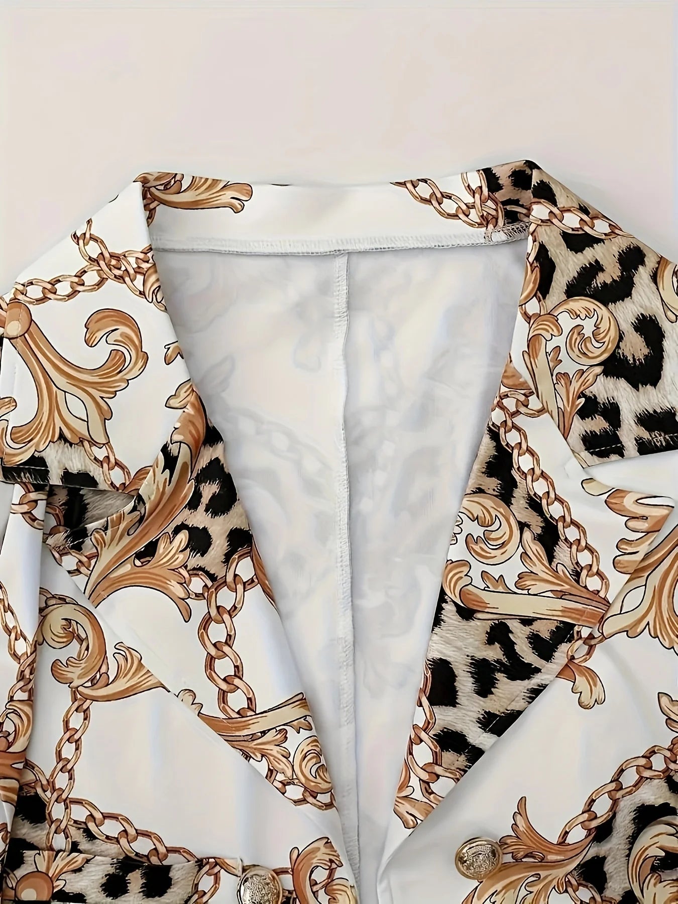 Women's Chain Printed Two-Piece Suit Set, Double Breasted Long Sleeved Lapel Suit Jacket and High Waisted Slim Pants