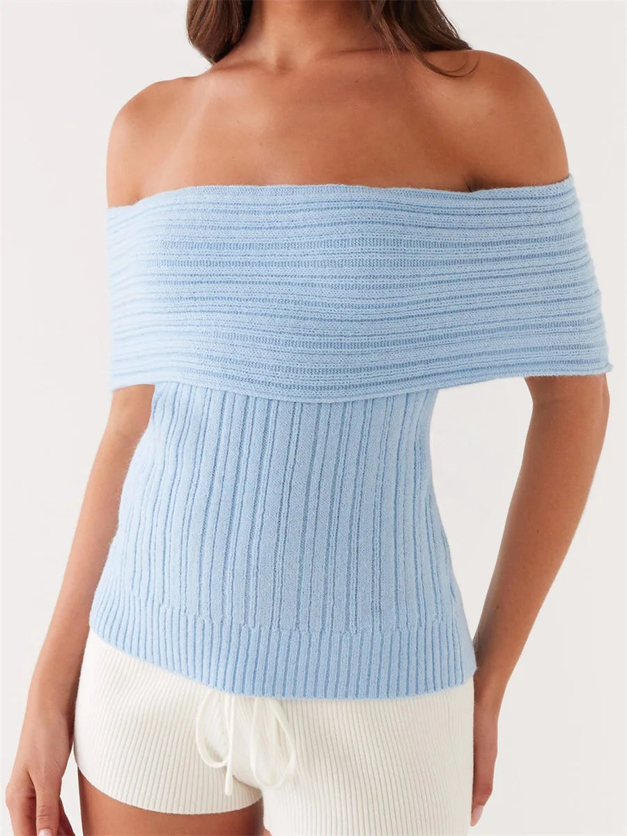 Women s Ribbed Off Shoulder Crop Top with Boat Neck and Sleeveless Design  Fit Knitted T-Shirt Perfect for Spring and Summer