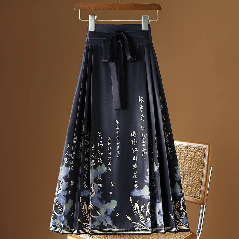 Vintage Maxi Chinese Style Horse Face Skirts  Pleated