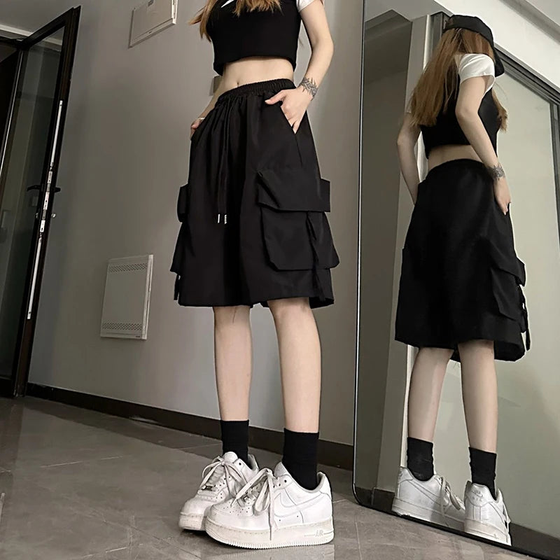 Women's High Waist Cargo Shorts American Style Streetwear Summer Wide Leg Pants Fashion Female Big Pocket Loose Shorts