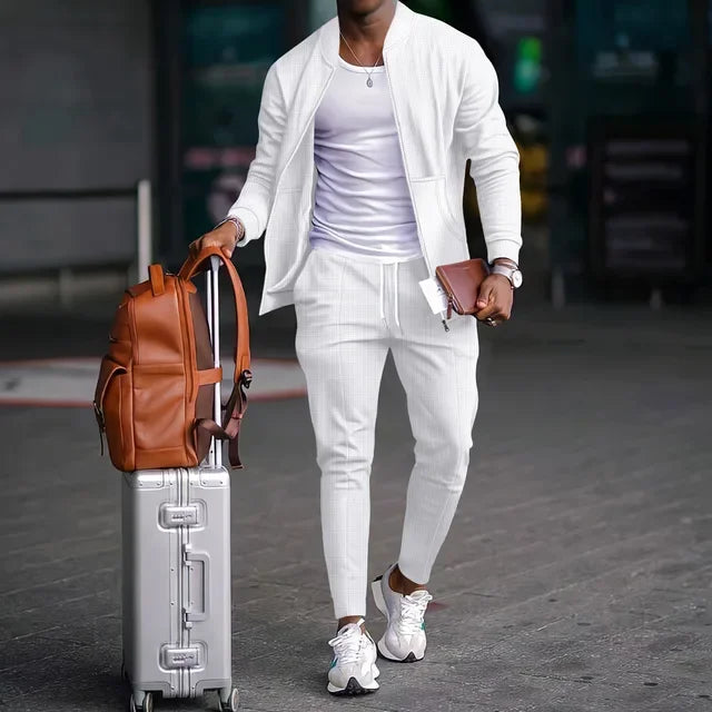 Spring men's casual blazer set new fashion Waffle baseball suit round neck pocket zipper long sleeve trousers two-piece set