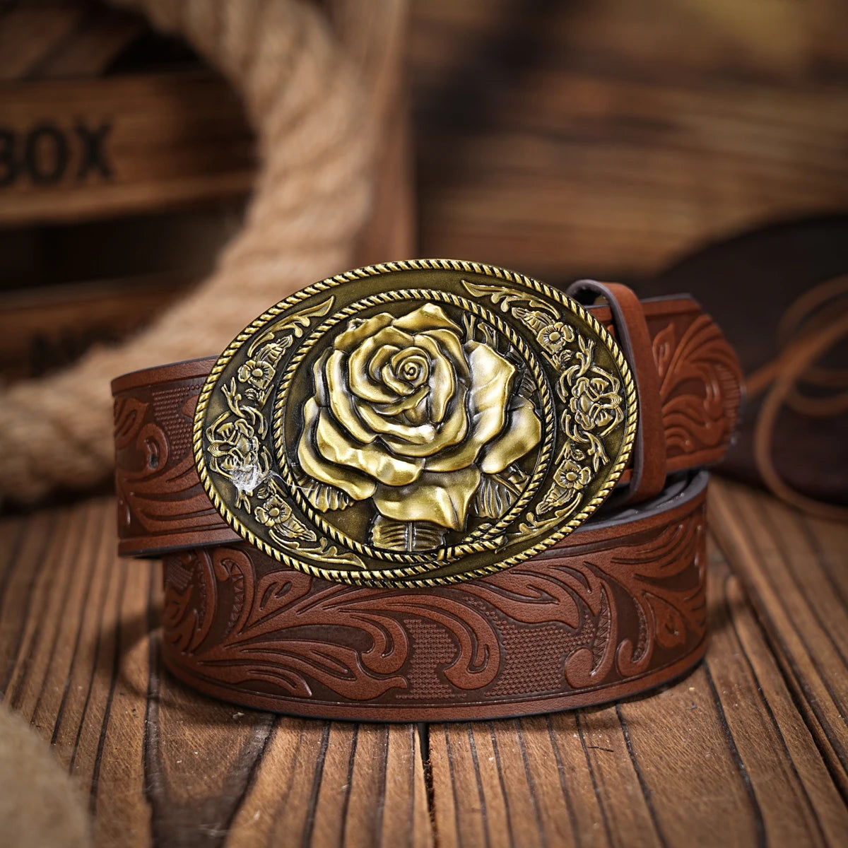 Western denim PU Belt -Women's decorative printed carved denim waistband Rose