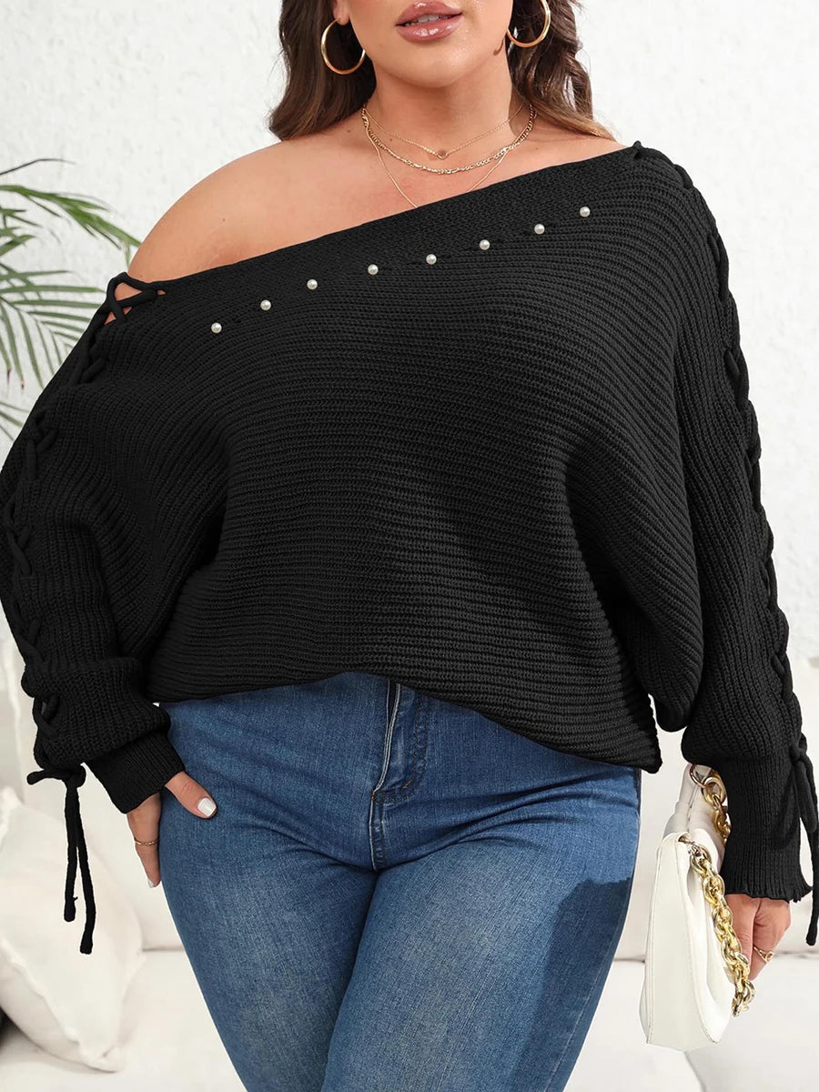 Women s Plus Size Sweater Cozy Cable Knit Off Shoulder Long Sleeve Pullover with Tassel Detail Casual