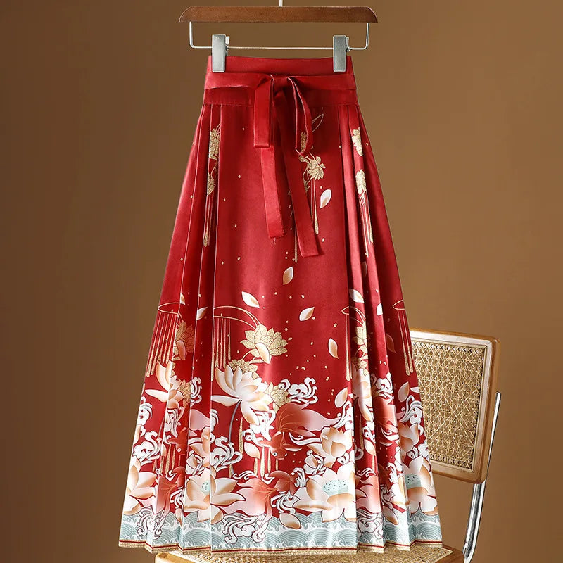 Vintage Maxi Chinese Style Horse Face Skirts  Pleated
