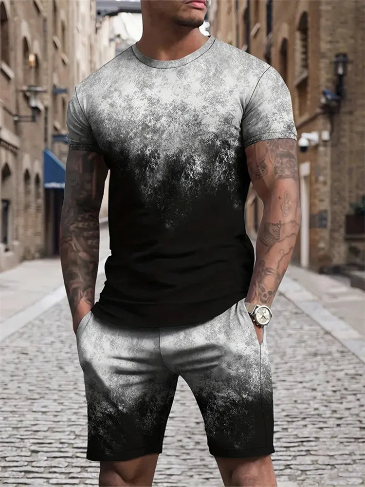 Men's Short-sleeved Shorts Suit Summer Fashion Round Neck T-shirt, Shorts Two-piece Street Shooting Casual Clothing