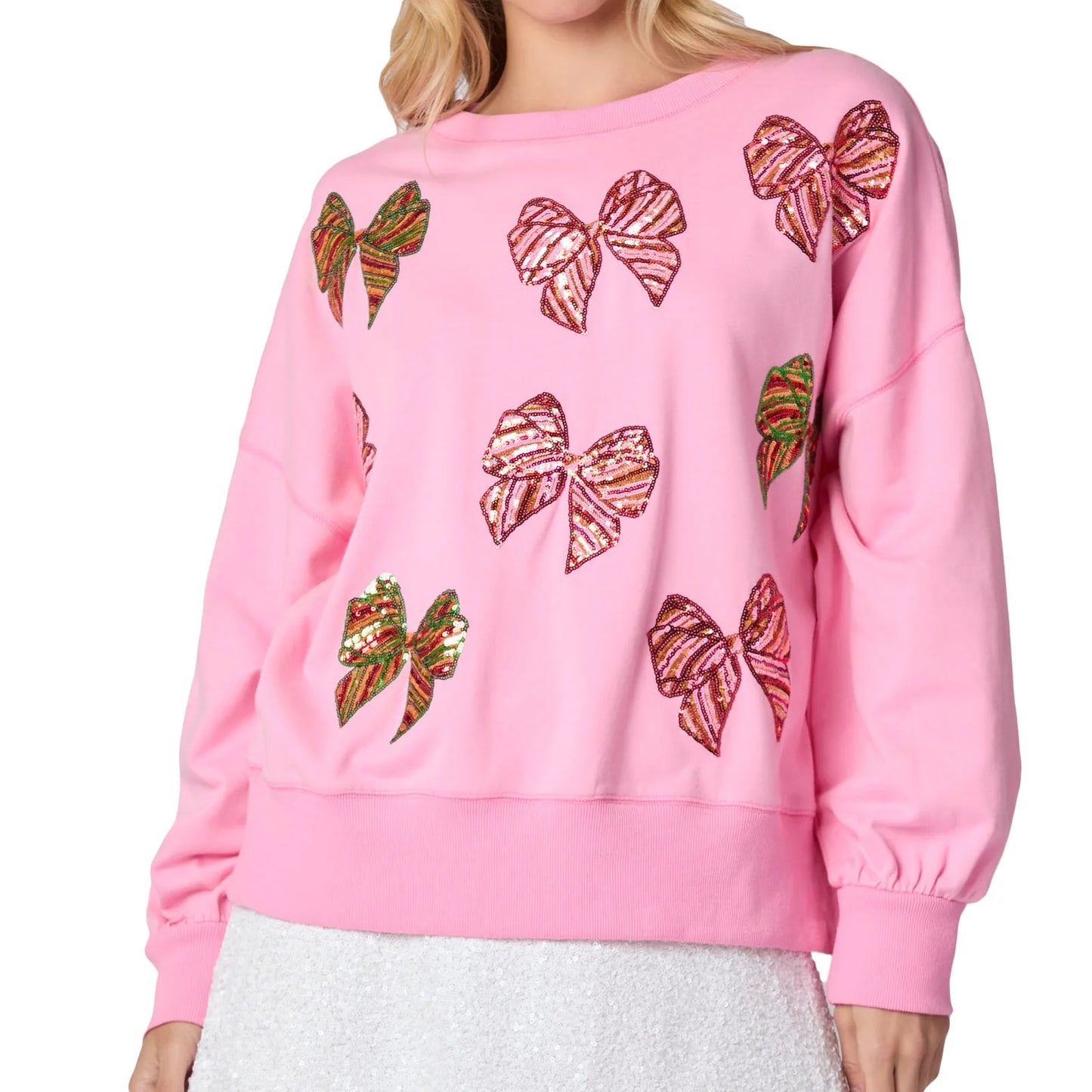 Women s Glitter Embellished Pullover Sweater with Oversized Fit and Bow Detail Drop Shoulder Design Long Balloon Sleeves