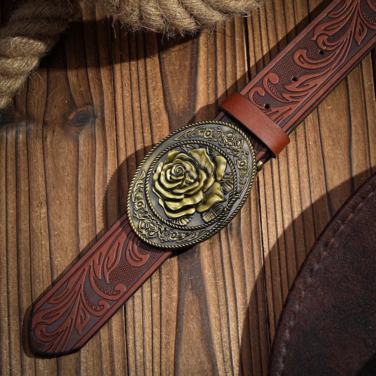 Western denim PU Belt -Women's decorative printed carved denim waistband Rose