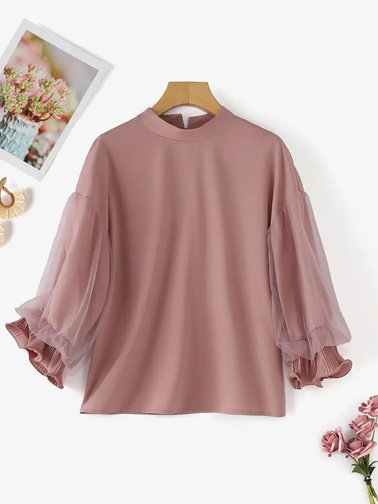 Elegant Party Blouse Chic Mesh Ruffle 3/4 Sleeve Tops Designer Stand Collar Shirts