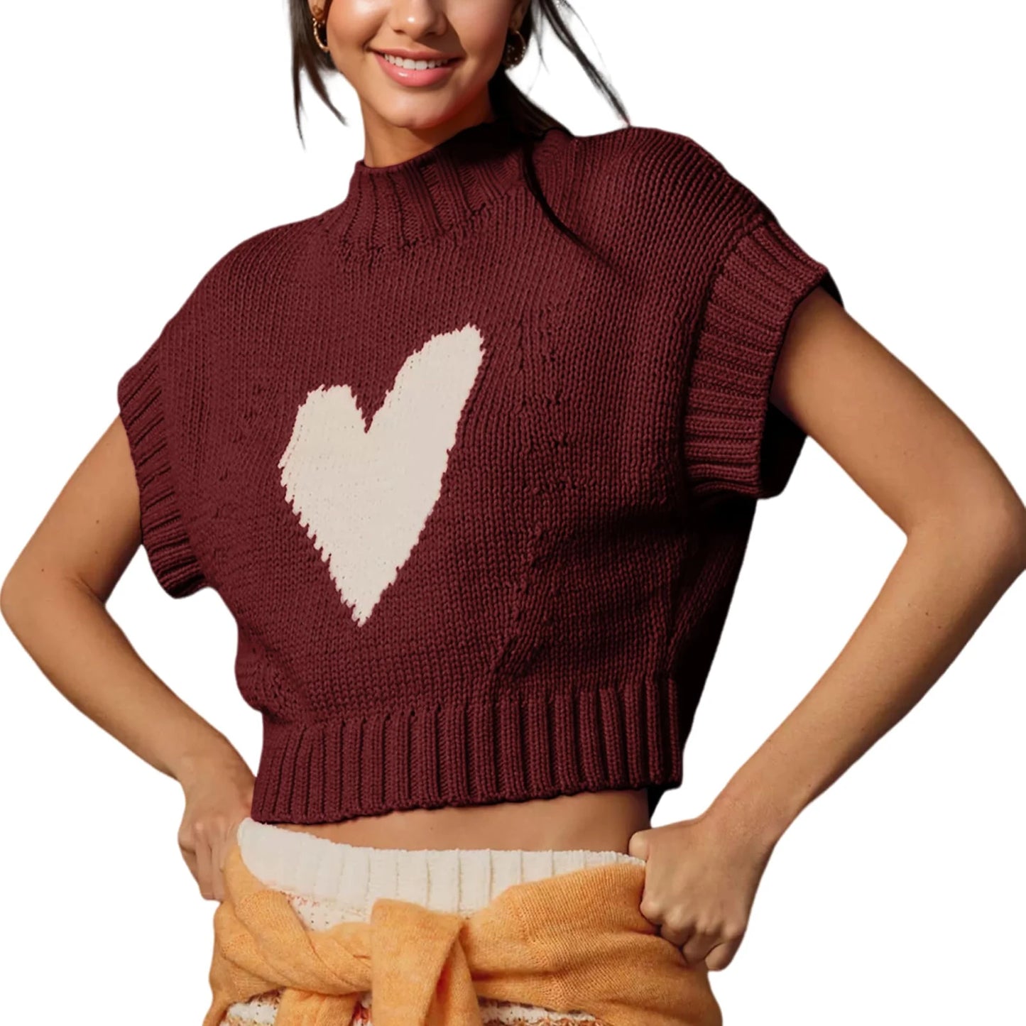 Women s Sleeveless Sweater Vest Heart Patterned O-Neck Knit Top Chic Street Style for Work or Weekend Outings