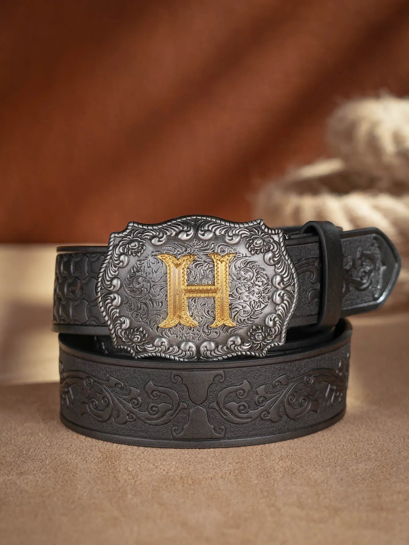 Western Cowboy PU Leather Belt  Waist Strap Bull Decoration Floral Engraved for Jeans