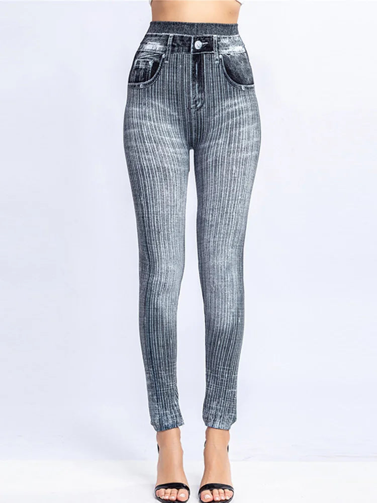 Leggings High Waist Elastic Butterfly Printed Pencil Pants Faux Denim Leggings
