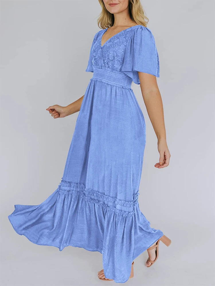 Women's V Neck Formal  V Neck Maxi Dress Ruffle Fringe Short Sleeve Boho  Long Dresses