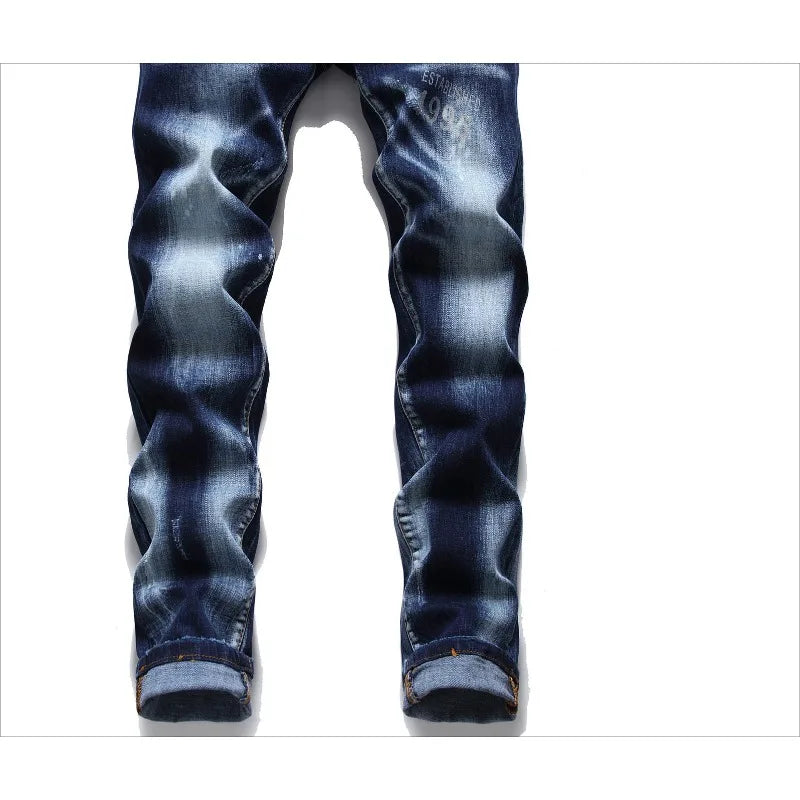 Watermark Button Fly Laser Stereo Cat Beard Blue Cotton Elastic Slim Straight Jeans  Basic Trend Can Be Worn in All Season