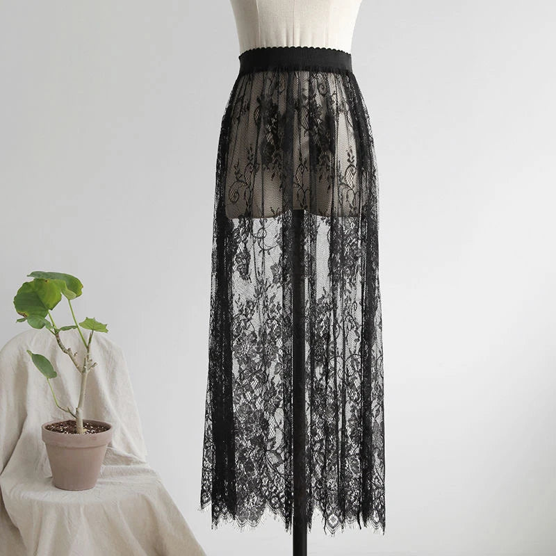 Floral Lace Maxi Skirt with Elastic Waistband and Sheer Mesh Overlay - Perfect for Layering Under Dresses