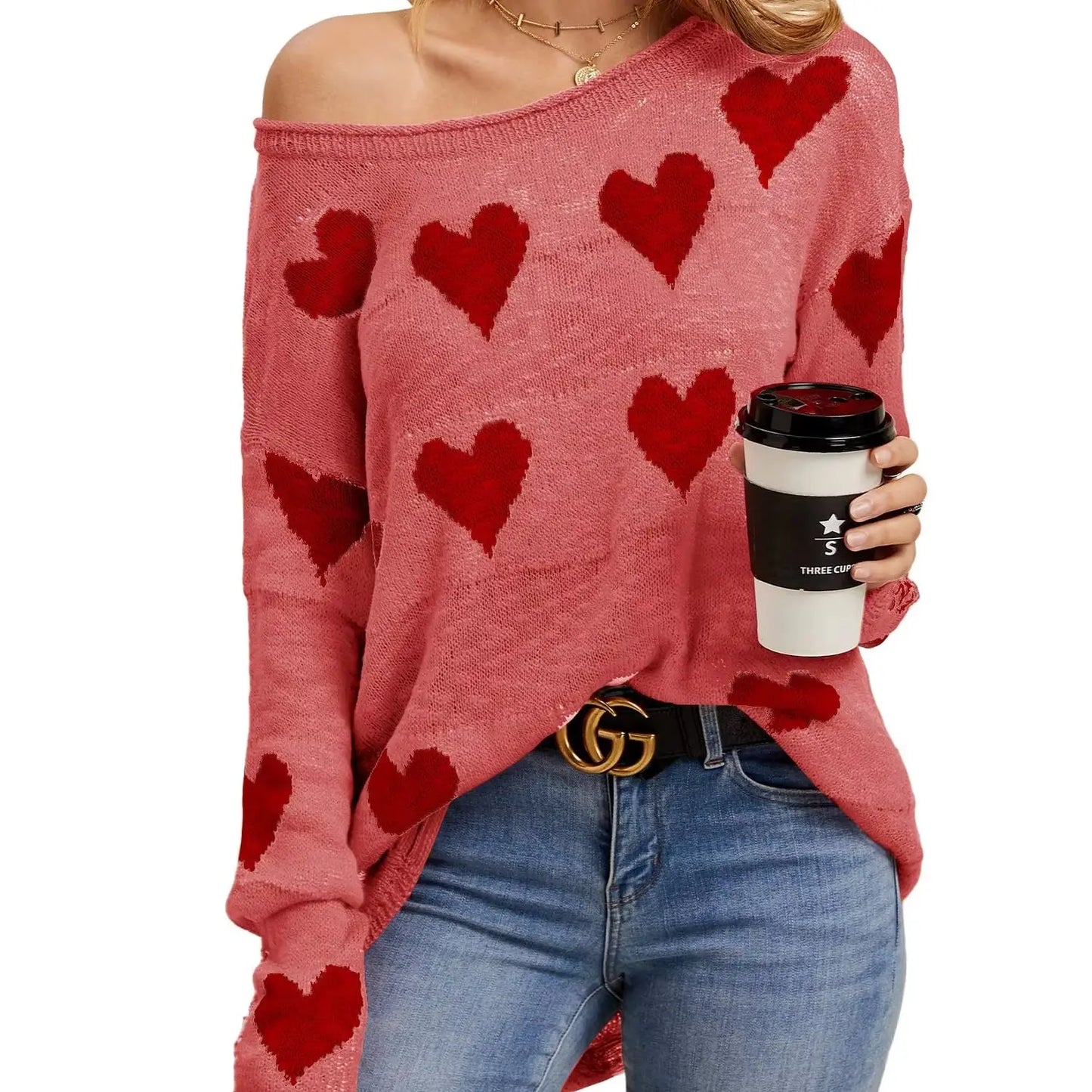 Cute Heart Print Sweaters Oversized Off The Shoulder Loose Knitted  Pullover