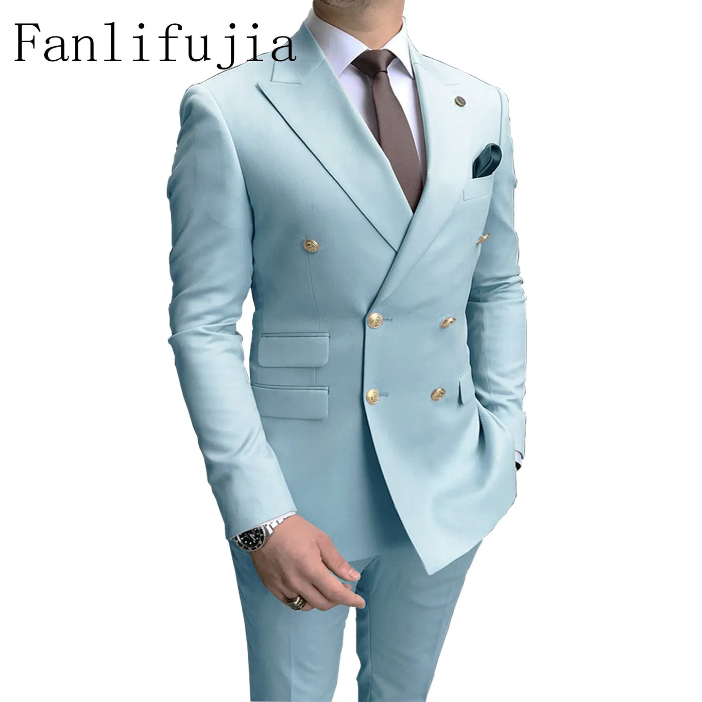 Men's Party Tuxedos 2 Pieces Latest Peak Lapel Men Suits Gold Buttons Fashion Style Suits Double Breasted