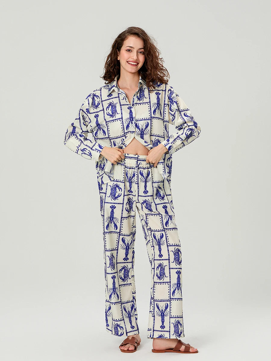 Women s Cute Lobster Print Button-Up Shirt with Matching Elastic Waist Pants - 2 Piece Set for Casual