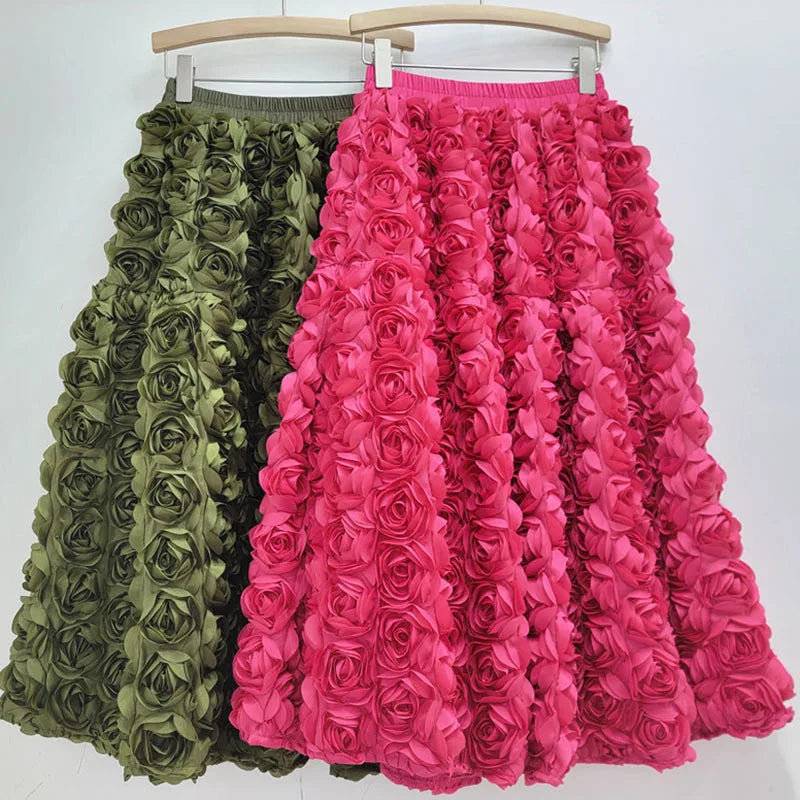 Three Dimensional Flower Mid-calf  High Waist Big Swing  A-line Skirt