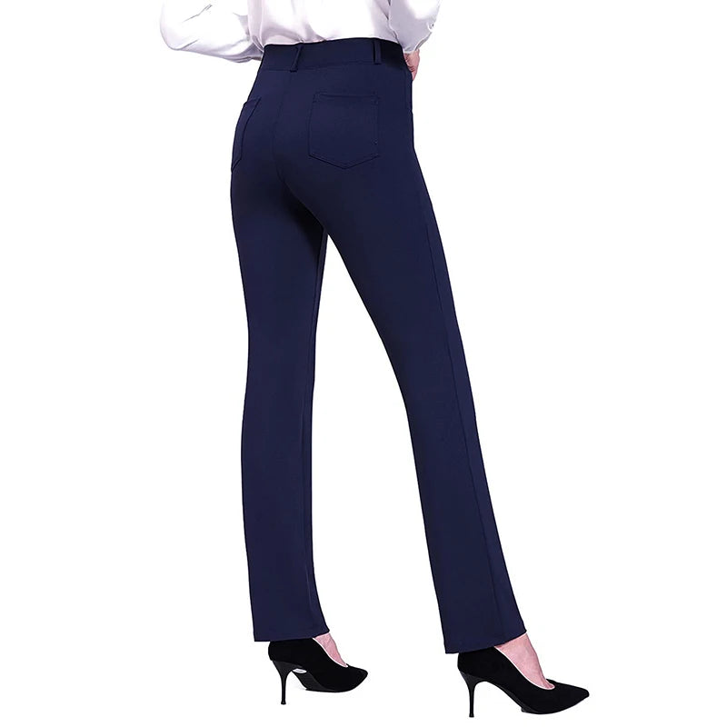 High Waist Slim Leg Pants Solid Color Elastic Flared Trousers with Pockets  Casual