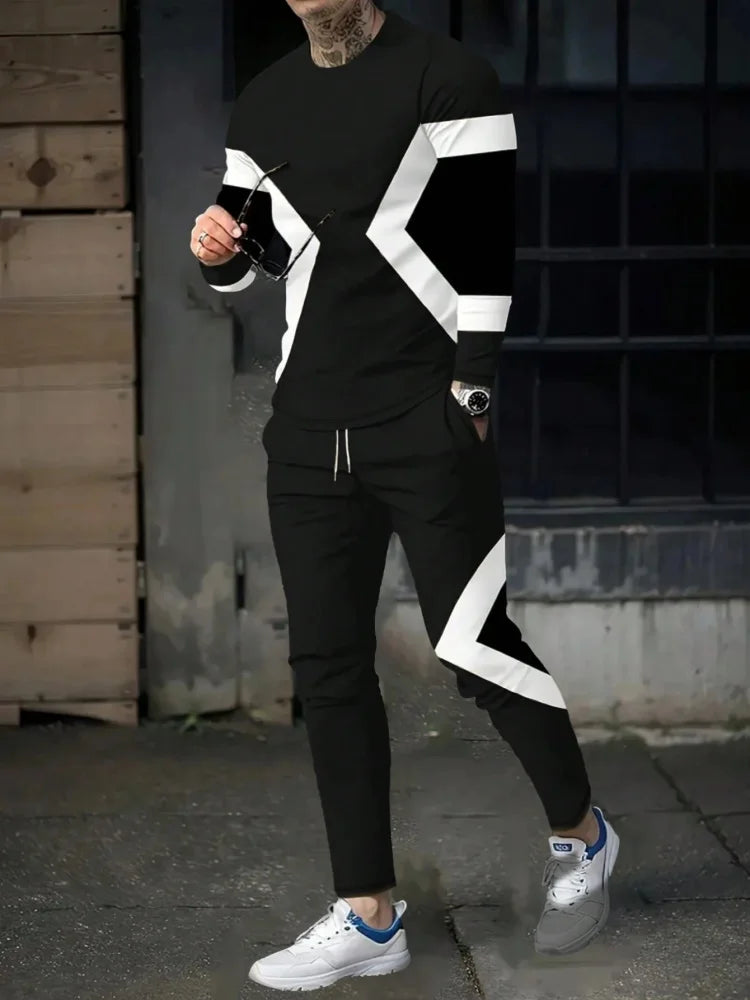 Simple Geometric Print Men's Fall Fashion Casual Crew-neck Tops And Pants Urban Street Fashion Trends Men's Tops And Long Styles