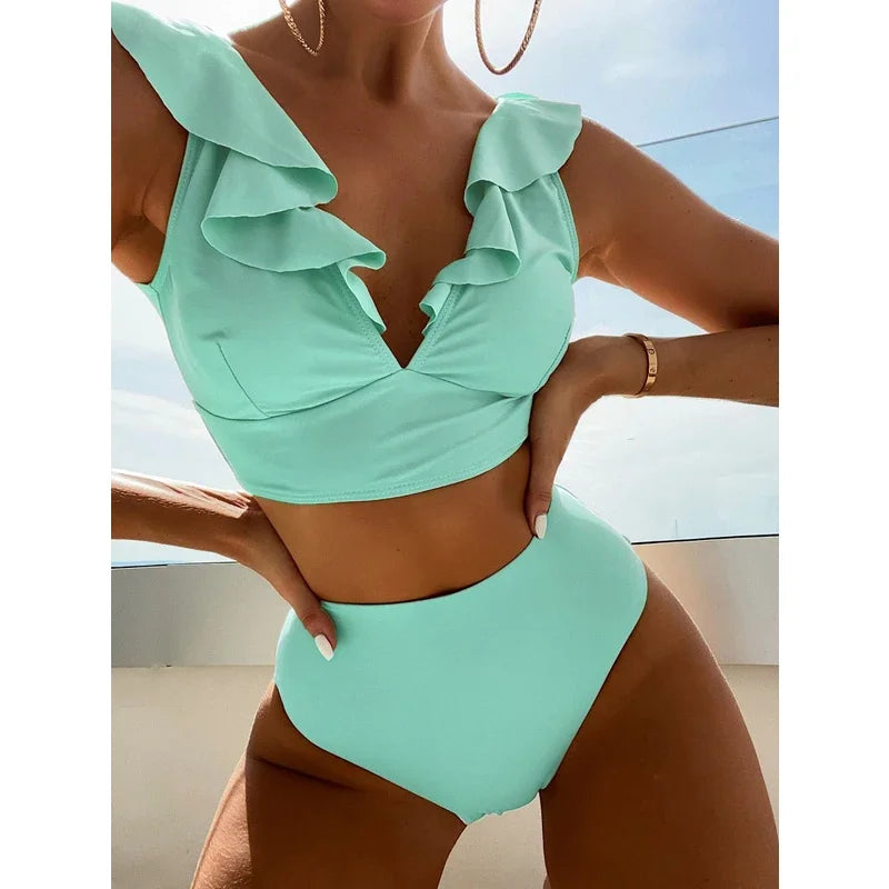 Solid Color  V-neck Ruffle Bikini  Women 2 Piece Swimwear Push Up Padded High Waist Swimsuit